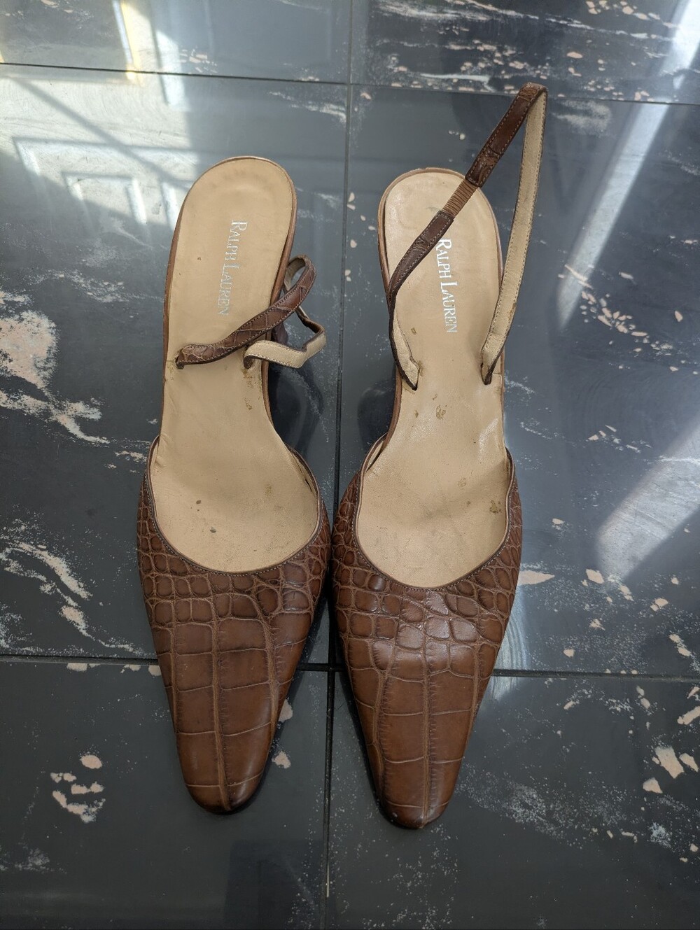 Vintage Ralph Lauren Brown Crocodile Leather Slingback Heels Size 8